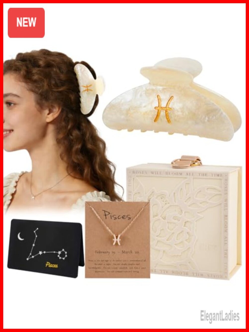 Pisces Zodiac Marble Acrylic Hair Claw Clip & Matching Necklace Set - Astrology